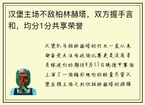 汉堡主场不敌柏林赫塔，双方握手言和，均分1分共享荣誉